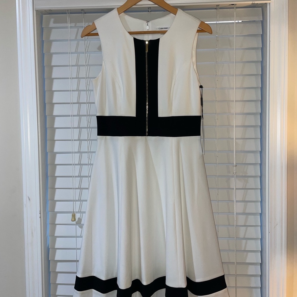 Calvin Klein White and Black Colorblock Sleeveless Dress